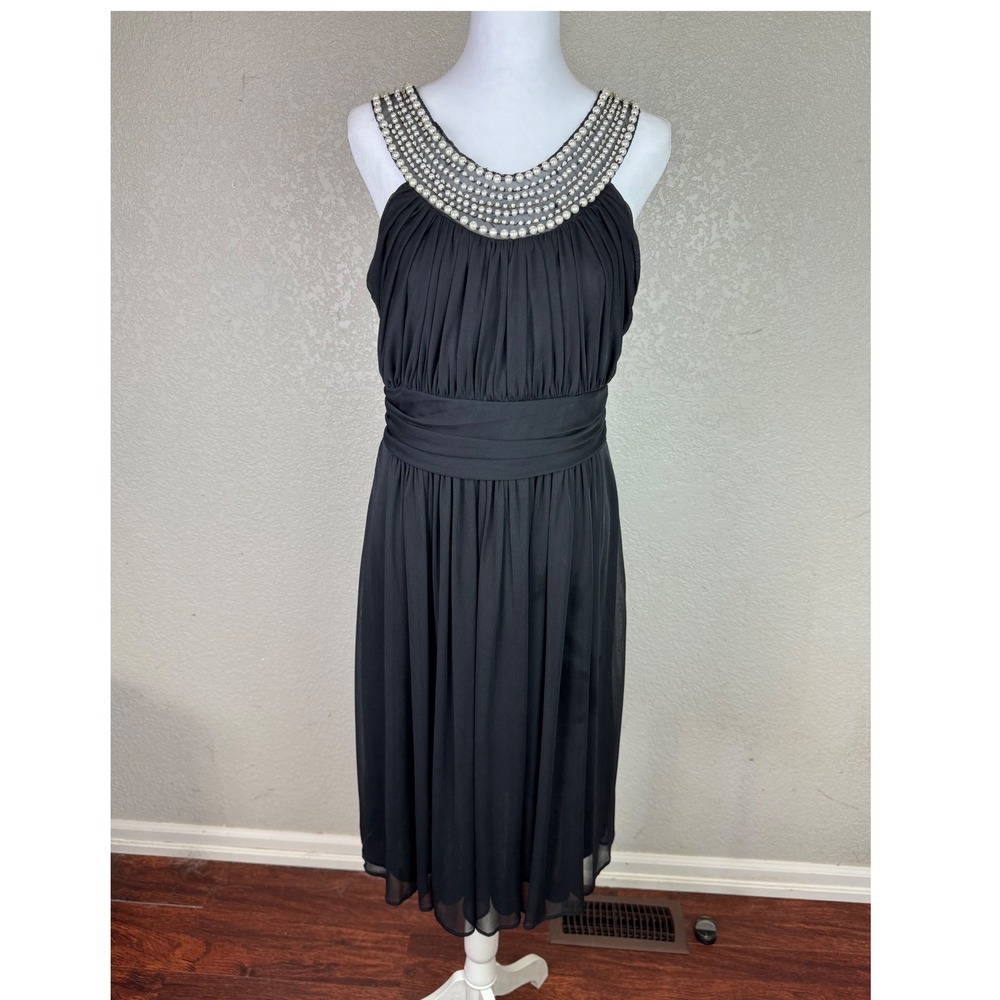 Fiesta Fashion Black Cocktail Dress Pearl Rhinestone Neckline Large Made in USA